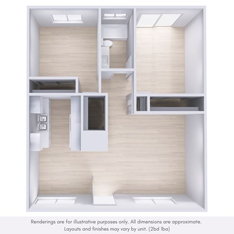 Floor plan for 2 beds, 1 bath, 950 sqft